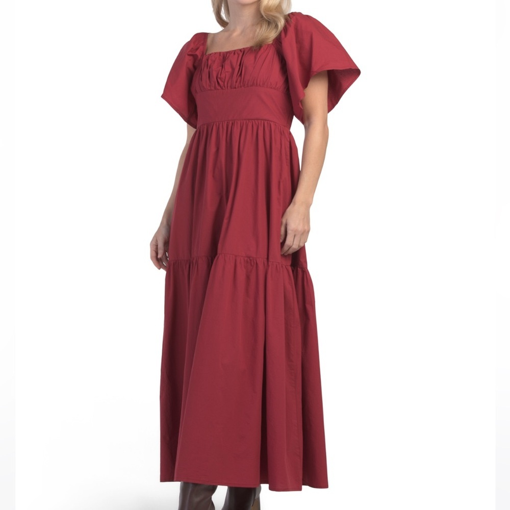 NWT BEYOND WORDS Short Puff Sleeve Smocked Tied Back Tiered Maxi Dress